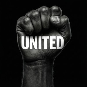 काली मुट्ठी जिस पर 'UNITED' लिखा है, टाइपोग्राफिक शैली। — मोटोरोला रेज़र 2025 वॉलपेपर
