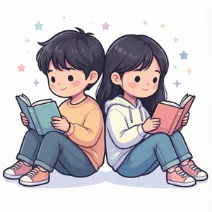तारों भरी पृष्ठभूमि पर पीठ से पीठ सटाकर पढ़ते दो दोस्तों का क्लिपआर्ट। — हुआवेई नोवा फ्लिप वॉलपेपर