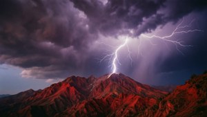 लाल पर्वत शिखर पर बिजली गिरने के साथ नाटकीय आंधी-तूफान — लाल पहाड़ वॉलपेपर