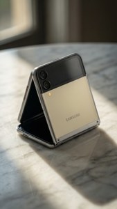 संगमरमर पर Galaxy Z Flip 5 के साथ सुरुचिपूर्ण न्यूनतम वॉलपेपर।