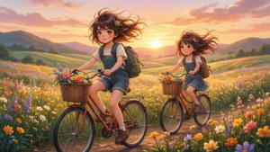 एनीमे बच्चे सूर्यास्त के समय रंग-बिरंगे फूलों के खेत में साइकिल चला रहे हैं — एनीमे बच्चे वॉलपेपर