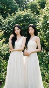 TWICE सफेद पोशाक में हरे-भरे बगीचे में नरम धूप के साथ। — 트와이스 वॉलपेपर
