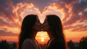 सूर्यास्त के समय दिल के आकार के बादलों के साथ रोमांटिक LGBTQ+ जोड़े की परछाईं का चुंबन।