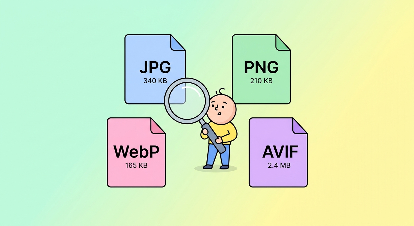 इमेज फ़ॉर्मेट चीट शीट — JPG vs PNG vs WebP vs AVIF